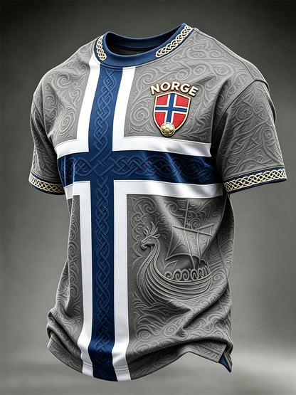 T-shirt à manches courtes pour hommes Viking Ship Norway Football & Flag Colorblock Print