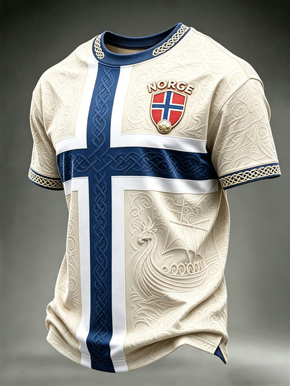 T-shirt à manches courtes pour hommes Viking Ship Norway Football & Flag Colorblock Print