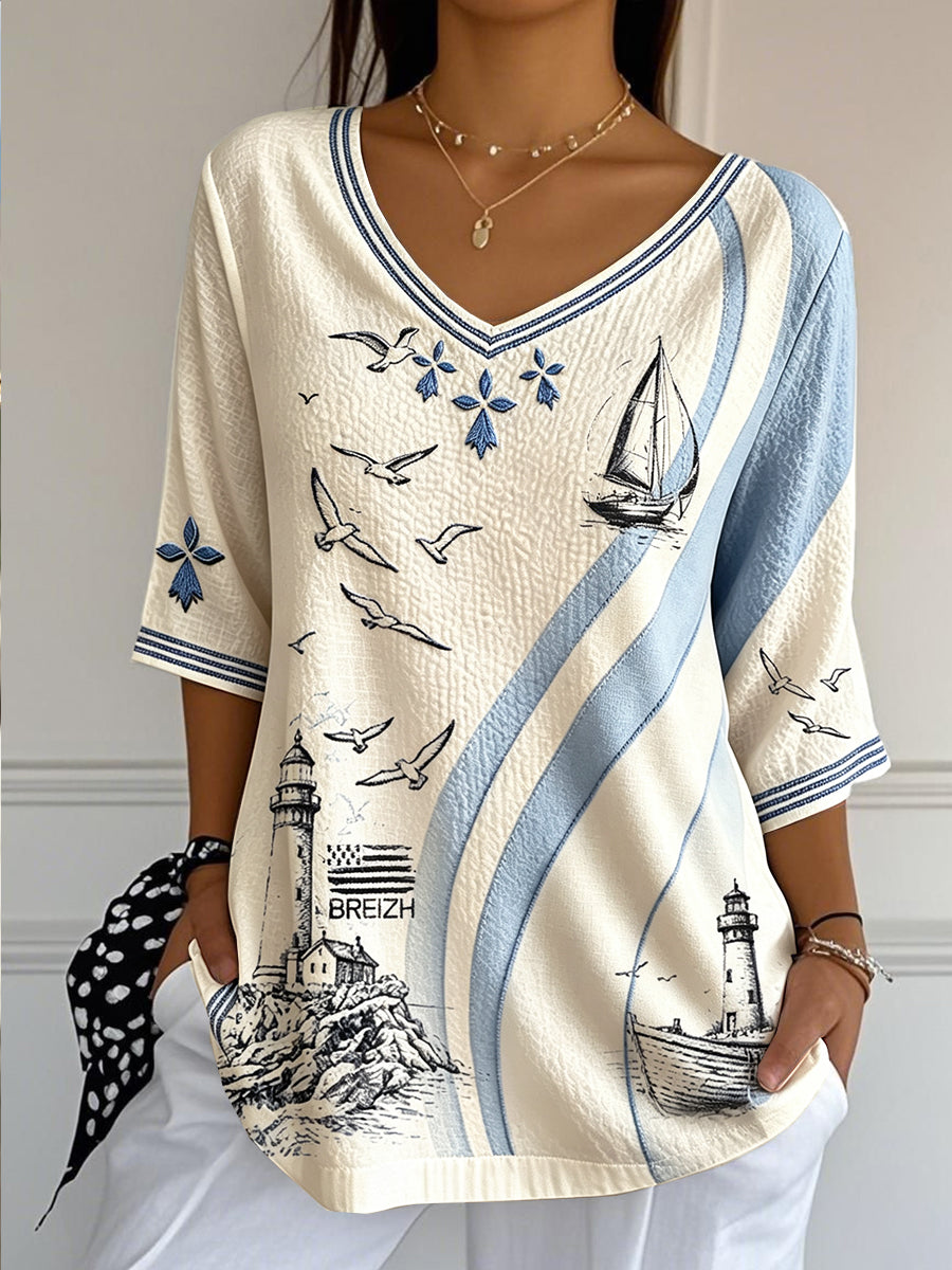 Femmes Rétro Français Breton Stripe Imprimer Casual V-cou Léger Coton-Lin T-shirt