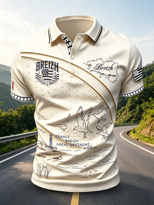 Polo Homme Beige Vintage Décontracté Imprimé Bretagne Française