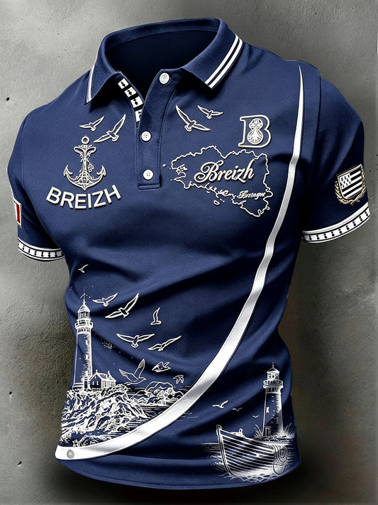 Polo décontracté pour homme, imprimé phare breton bleu marine profond