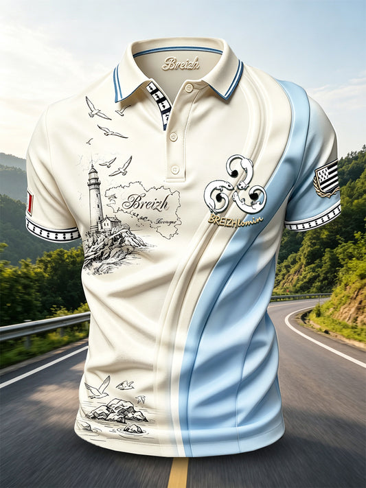 Hommes Vintage Français Bretagne Phare Patchwork Imprimer Polo décontracté