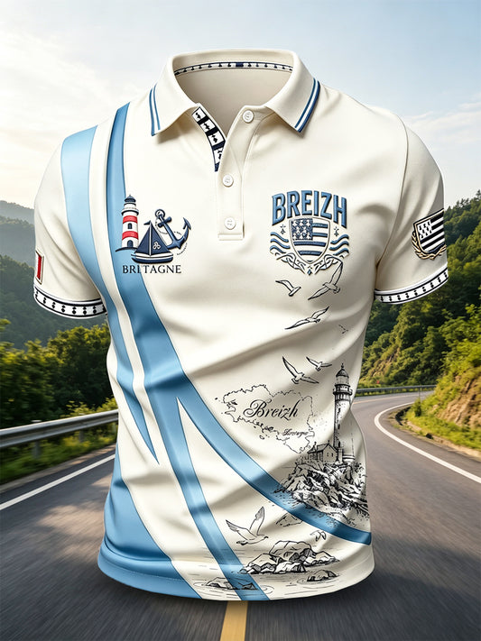 Polo Homme Vintage Français Breton-Rayé Décontracté