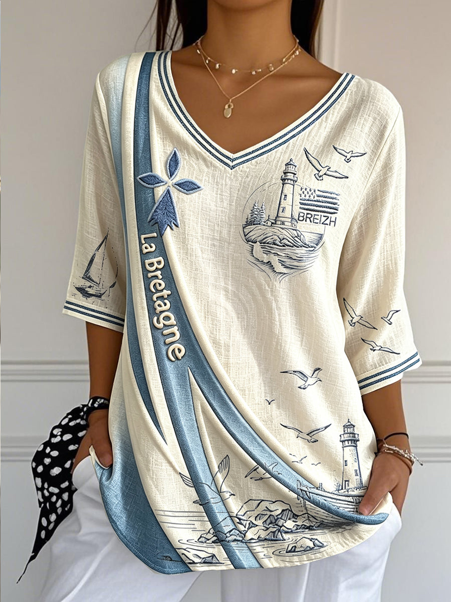 Femmes Français Bretagne Patchwork Imprimer Casual V-cou Léger Coton-Lin T-shirt