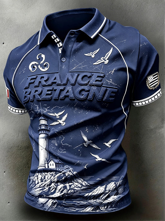 Polo Homme Bleu Foncé Style Breton Light House Graffiti Print Casual
