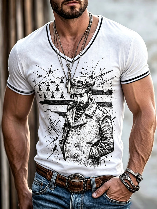 T-shirt à col en V à imprimé graffiti blanc pour homme, style breton