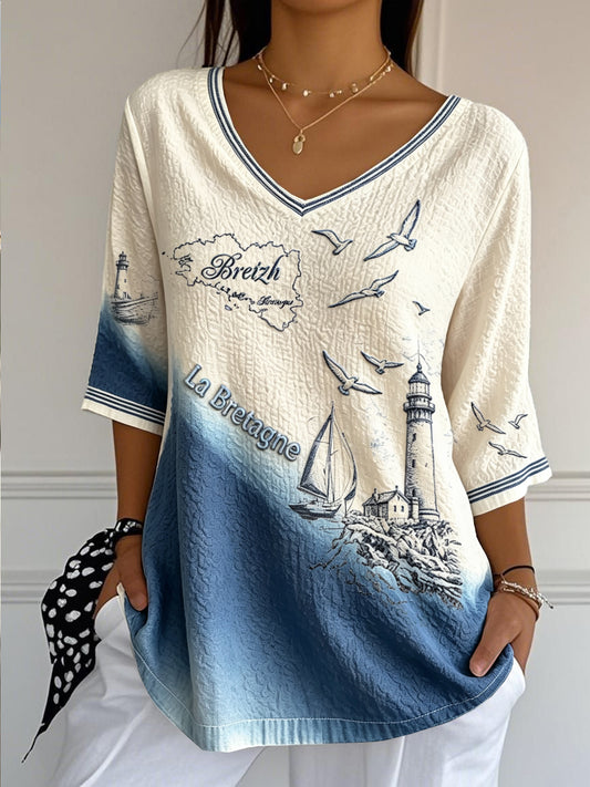 T-shirt Femme Décontracté Dégradé Style Français-Bretagne Col V Léger En Coton-Lin