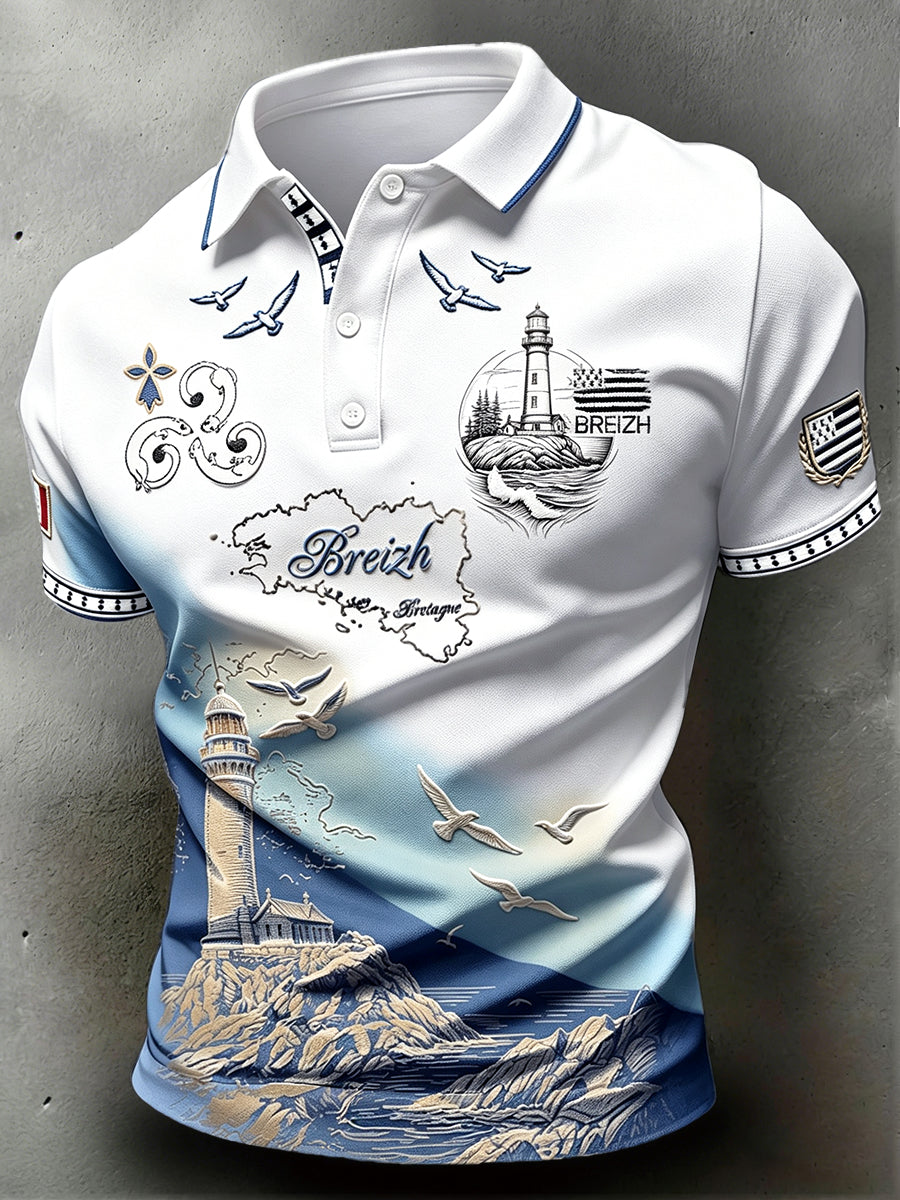 Hommes Vintage Français Bretagne Phare Gradient Imprimer Polo Décontracté
