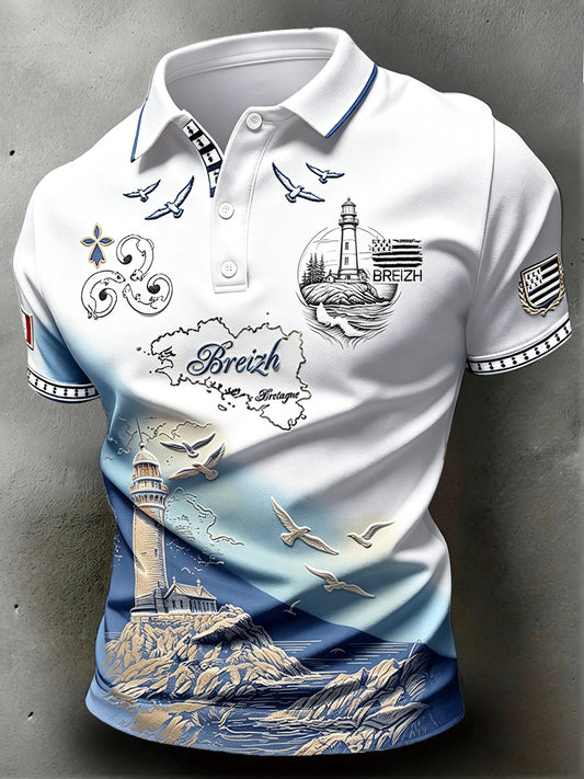 Hommes Vintage Français Bretagne Phare Gradient Imprimer Polo Décontracté