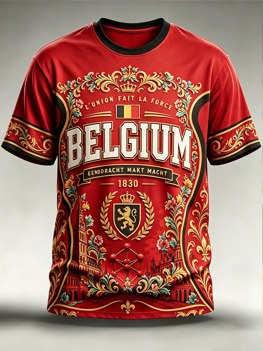 T-shirt vintage à manches courtes, ample, imprimé, à la mode, pour la fête nationale de la Belgique, pour hommes