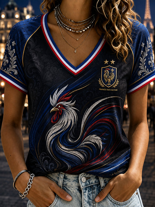 T-shirt femme à col en V et épaules dénudées, manches courtes, commémoratif patriotique français
