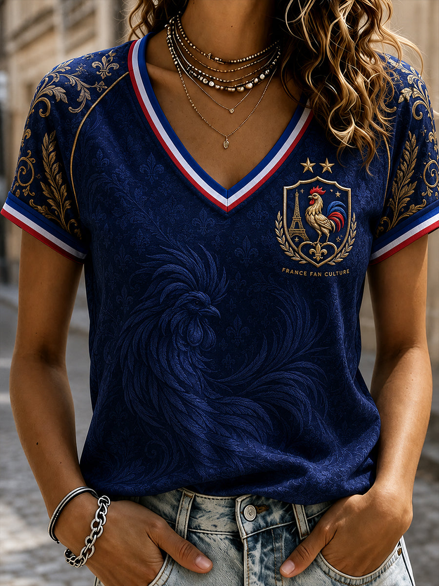 T-shirt à manches courtes à encolure en V Commémoration patriotique française pour femme