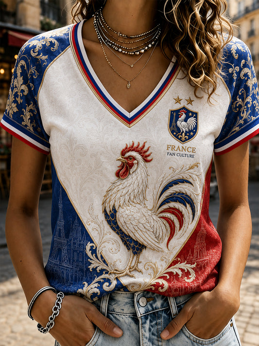 T-shirt femme à col en V et épaules dénudées, manches courtes, commémoratif patriotique français