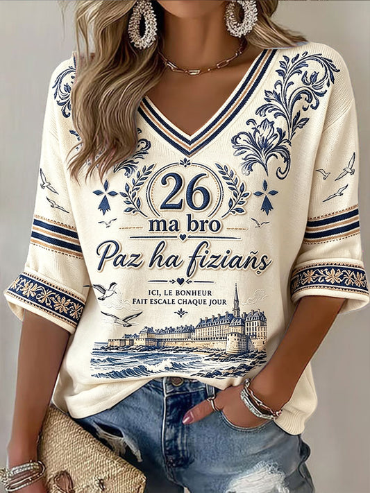 T-shirt d’été cool à col en V pour femme, imprimé blanc cassé Bretagne française 2026