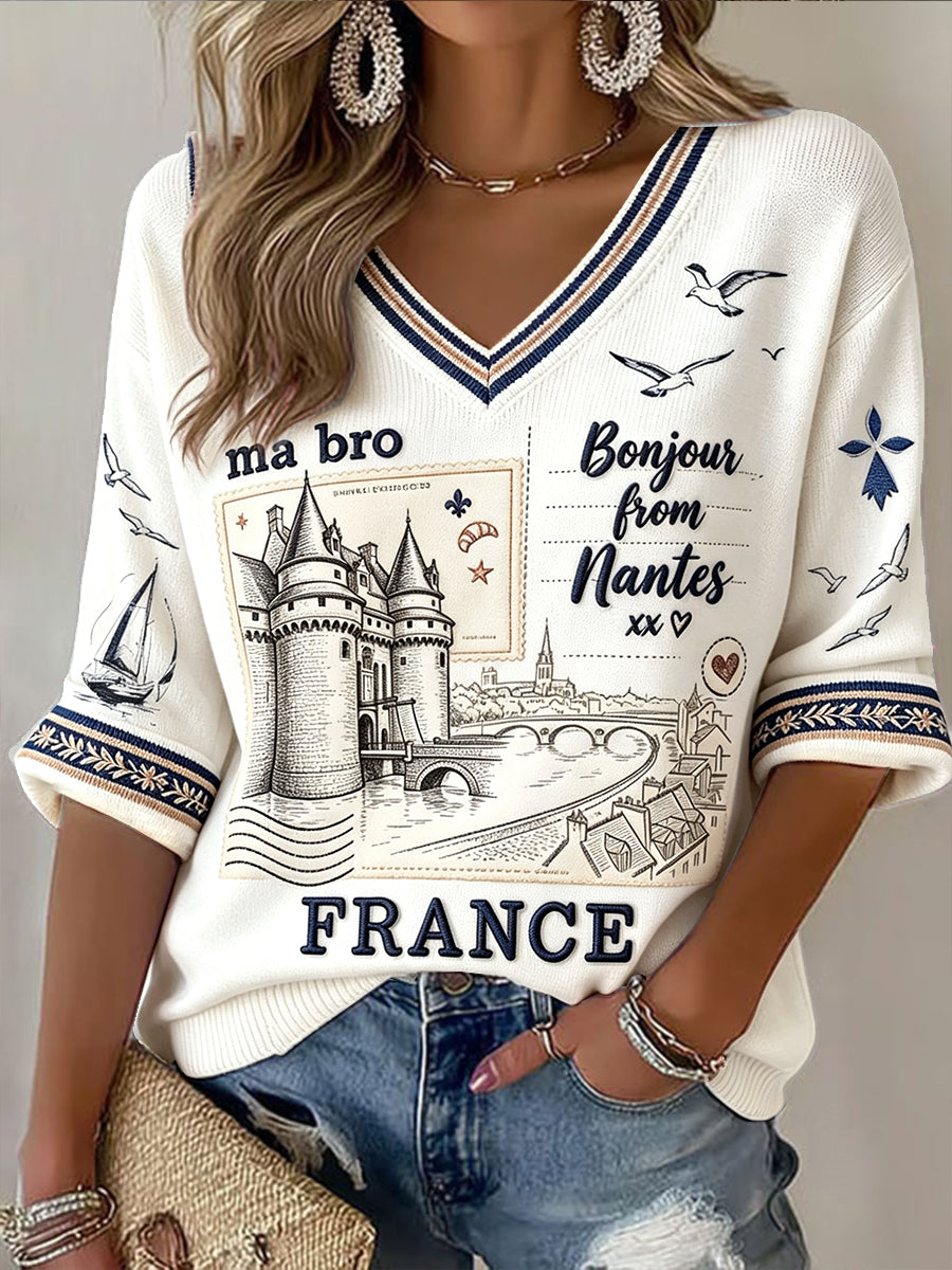 T-shirt d’été frais à col en V pour femme, blanc à imprimé breton français