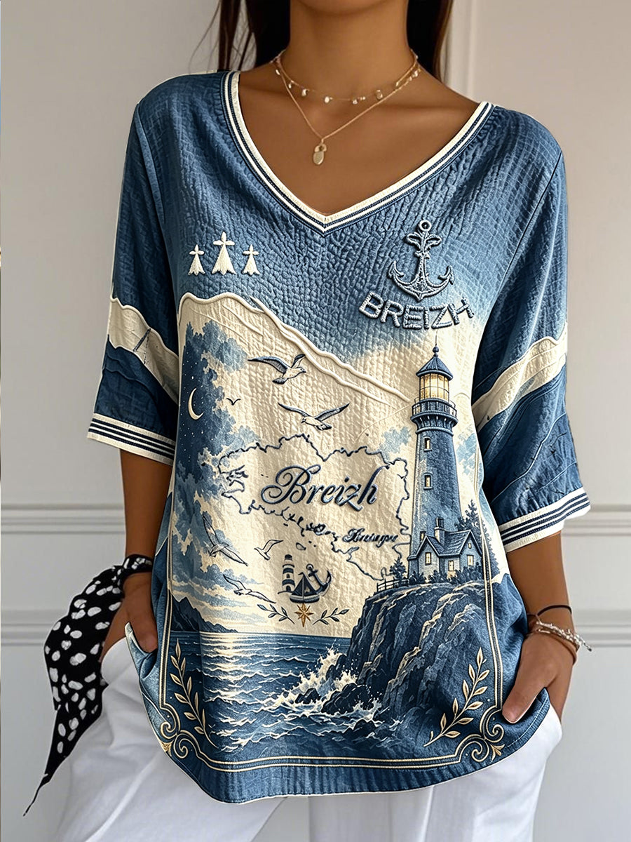 T-shirt femme en coton-lin, col en V, motif français de Bretagne dégradé bleu profond, style frais pour l’été