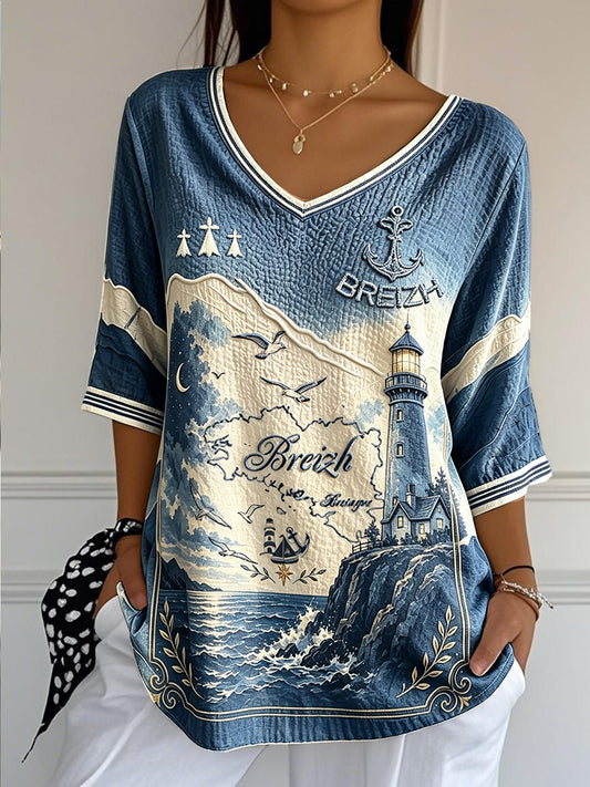 T-shirt femme en coton-lin, col en V, motif français de Bretagne dégradé bleu profond, style frais pour l’été