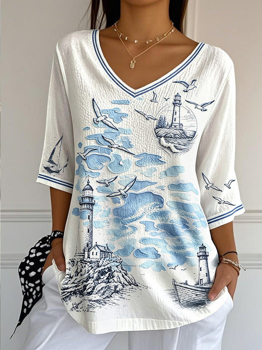 T-shirt femme léger d’été en coton-lin, col en V, imprimé graffiti breton français, décontracté