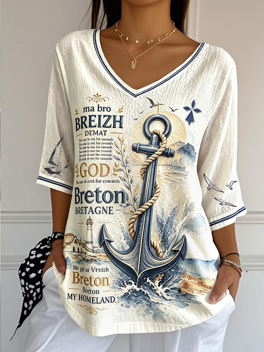 T-shirt d’été léger pour femme en coton-lin, col en V, imprimé breton français blanc cassé