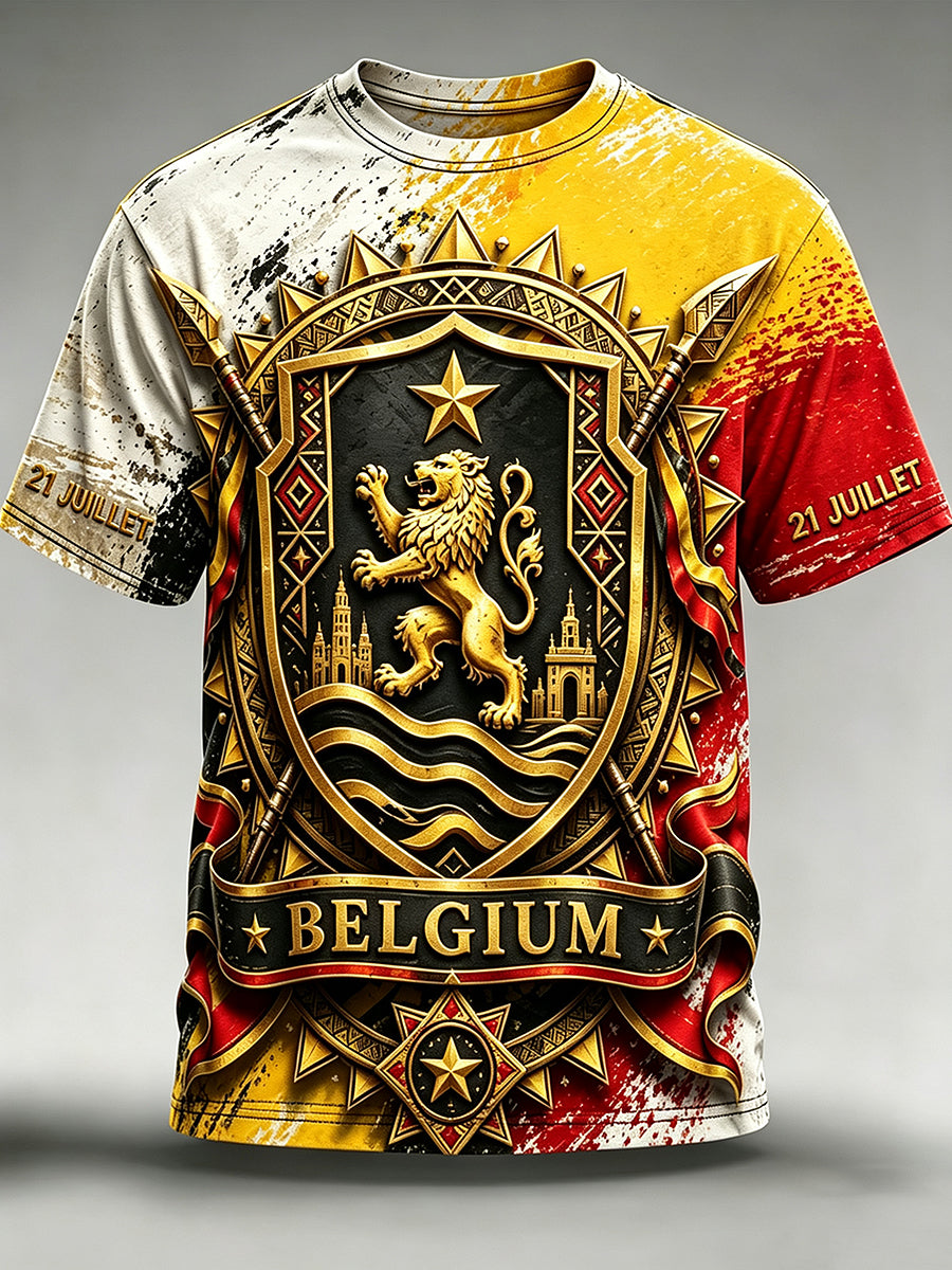 T-shirt vintage à manches courtes, ample, imprimé, à la mode, pour la fête nationale de la Belgique, pour hommes