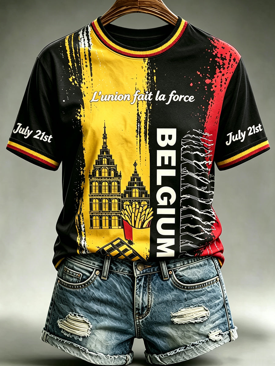 T-shirt ample à manches courtes, imprimé, style vintage, pour la fête nationale de Belgique, collection femme