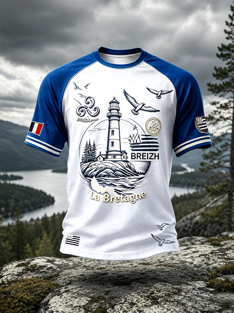 Hommes Français Bretagne Patchwork Imprimer Décontracté Goutte Épaule T-shirt