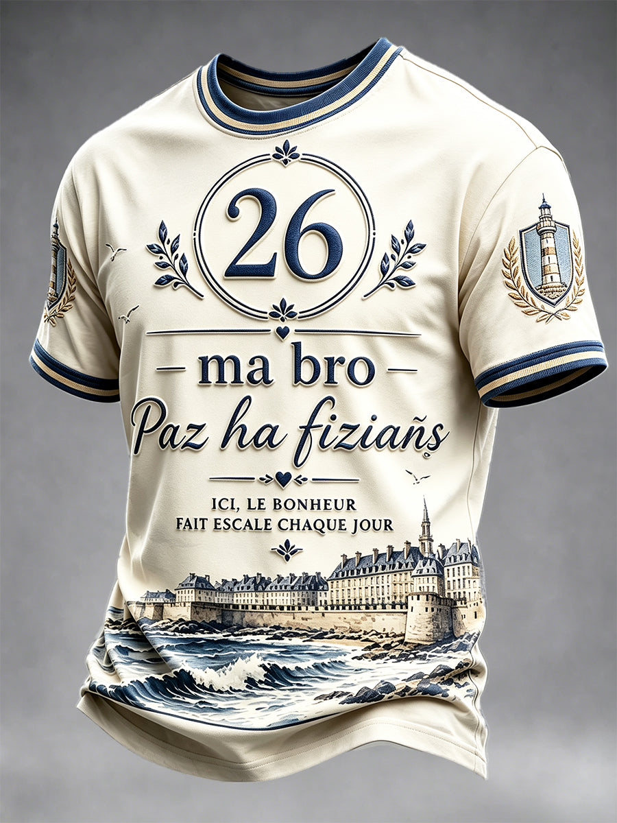 Hommes 2026 Retro Beige Français Brittany Imprimer T-shirt décontracté