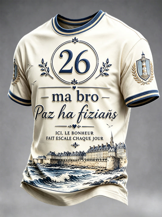 Hommes 2026 Retro Beige Français Brittany Imprimer T-shirt décontracté