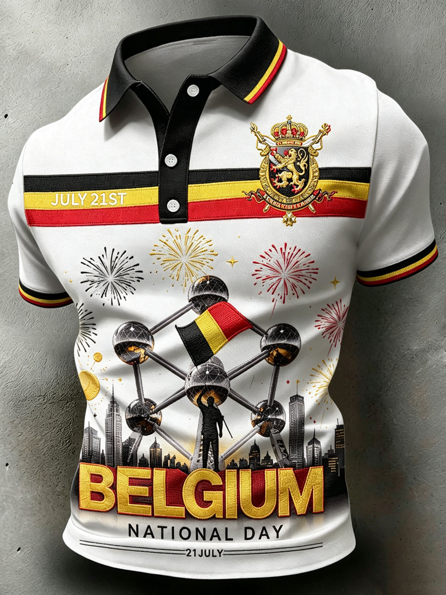 Polo imprimé à col pour la fête nationale de la Belgique, manches courtes, décontracté pour homme