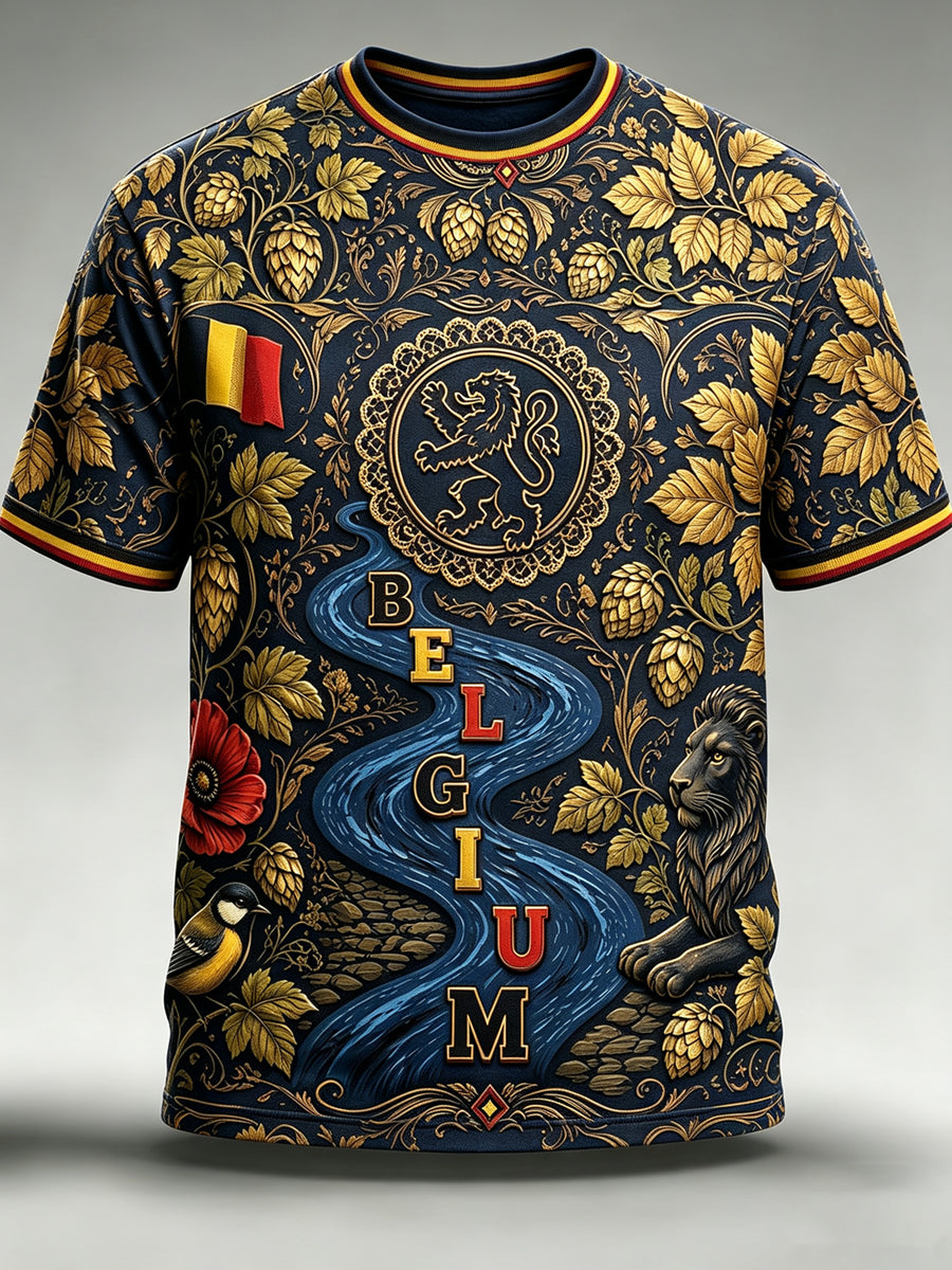 T-shirt vintage à manches courtes, ample, imprimé, à la mode, pour la fête nationale de la Belgique, pour hommes