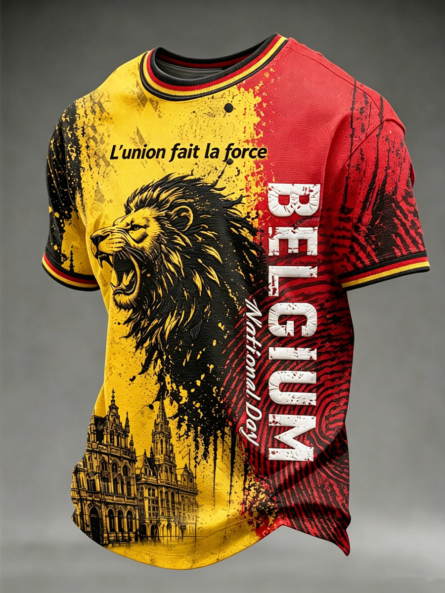 T-shirt vintage à manches courtes, ample, imprimé, à la mode, pour la fête nationale de la Belgique, pour hommes