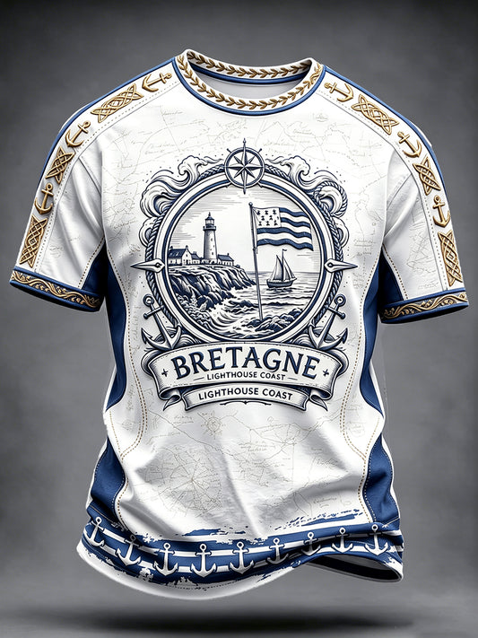 T-shirt décontracté pour homme, blanc, de style breton, avec imprimé patchwork représentant un phare