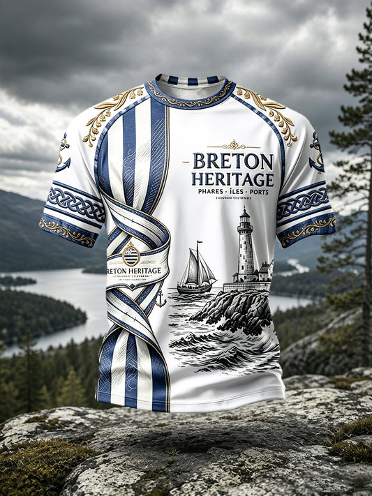 T-shirt décontracté à épaules tombantes pour homme, imprimé traditionnel de Bretagne, France