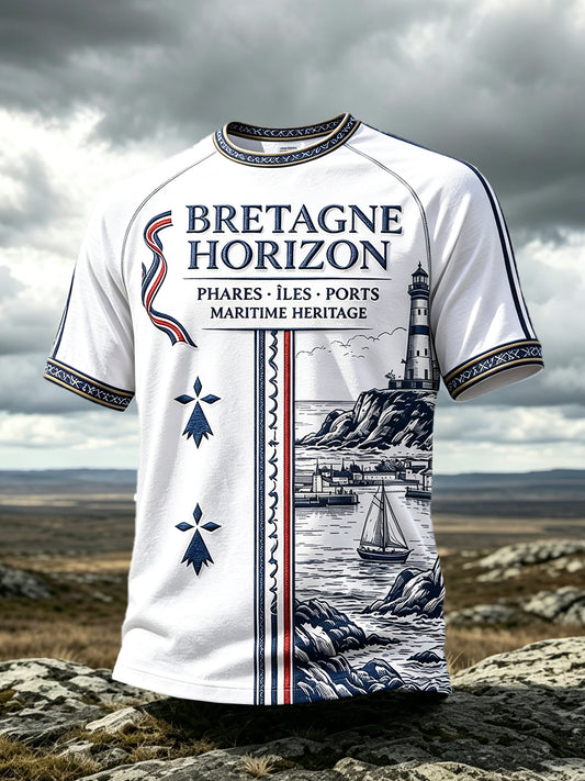 T-shirt décontracté pour homme, blanc, imprimé d’un phare breton sur le drapeau français