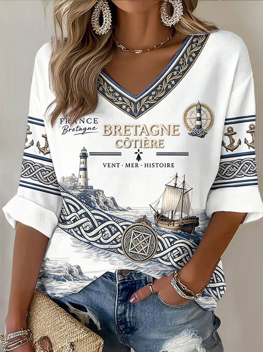 T-shirt blanc à col en V, décontracté, imprimé, de style breton pour femme