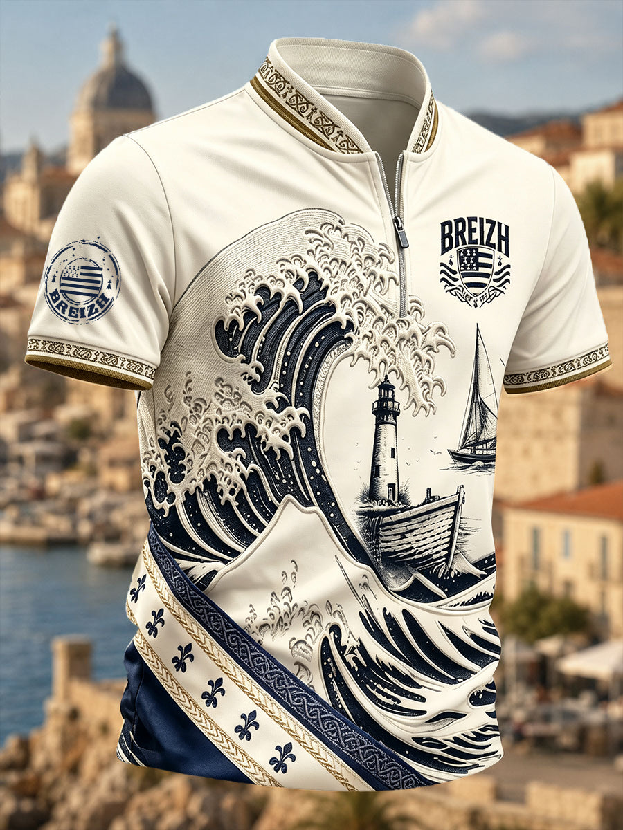 T-shirt décontracté rétro pour homme, imprimé Bretagne française, à fermeture éclair et manches courtes