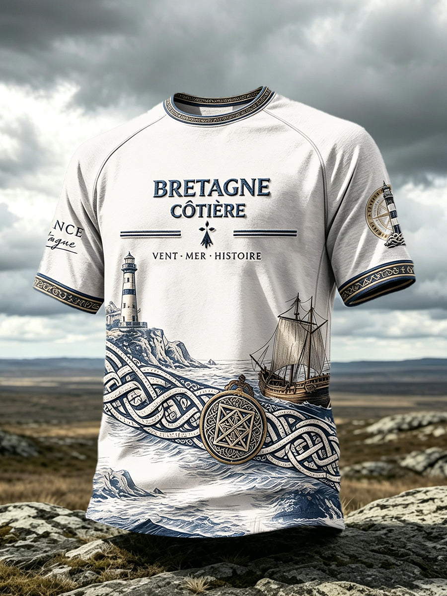 T-shirt décontracté pour homme à imprimé patrimonial représentant le phare de Bretagne, en France