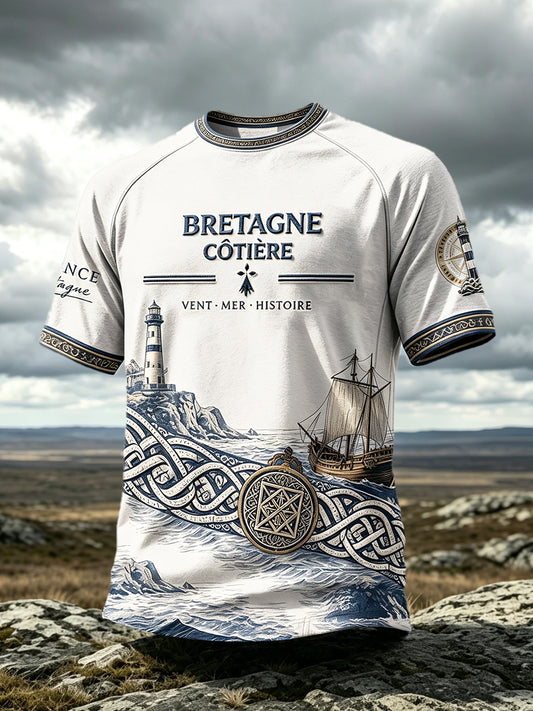 T-shirt décontracté pour homme à imprimé patrimonial représentant le phare de Bretagne, en France