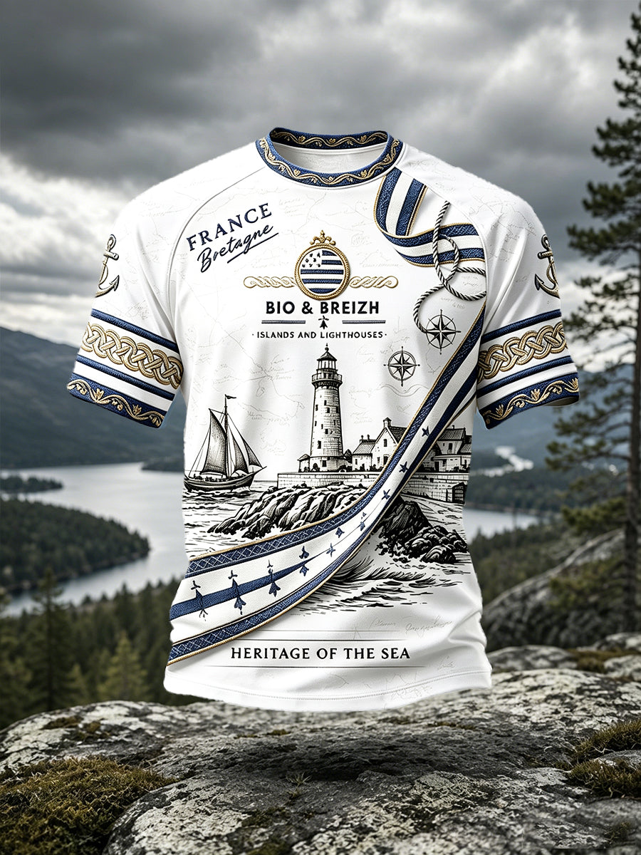 T-shirt décontracté à épaules tombantes pour homme, motif phare de Bretagne, France