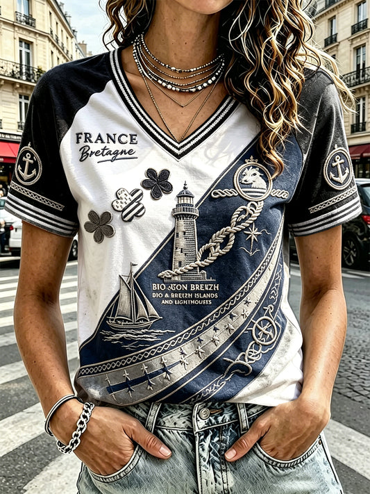 T-shirt décontracté à col en V pour femme, imprimé patchwork breton français