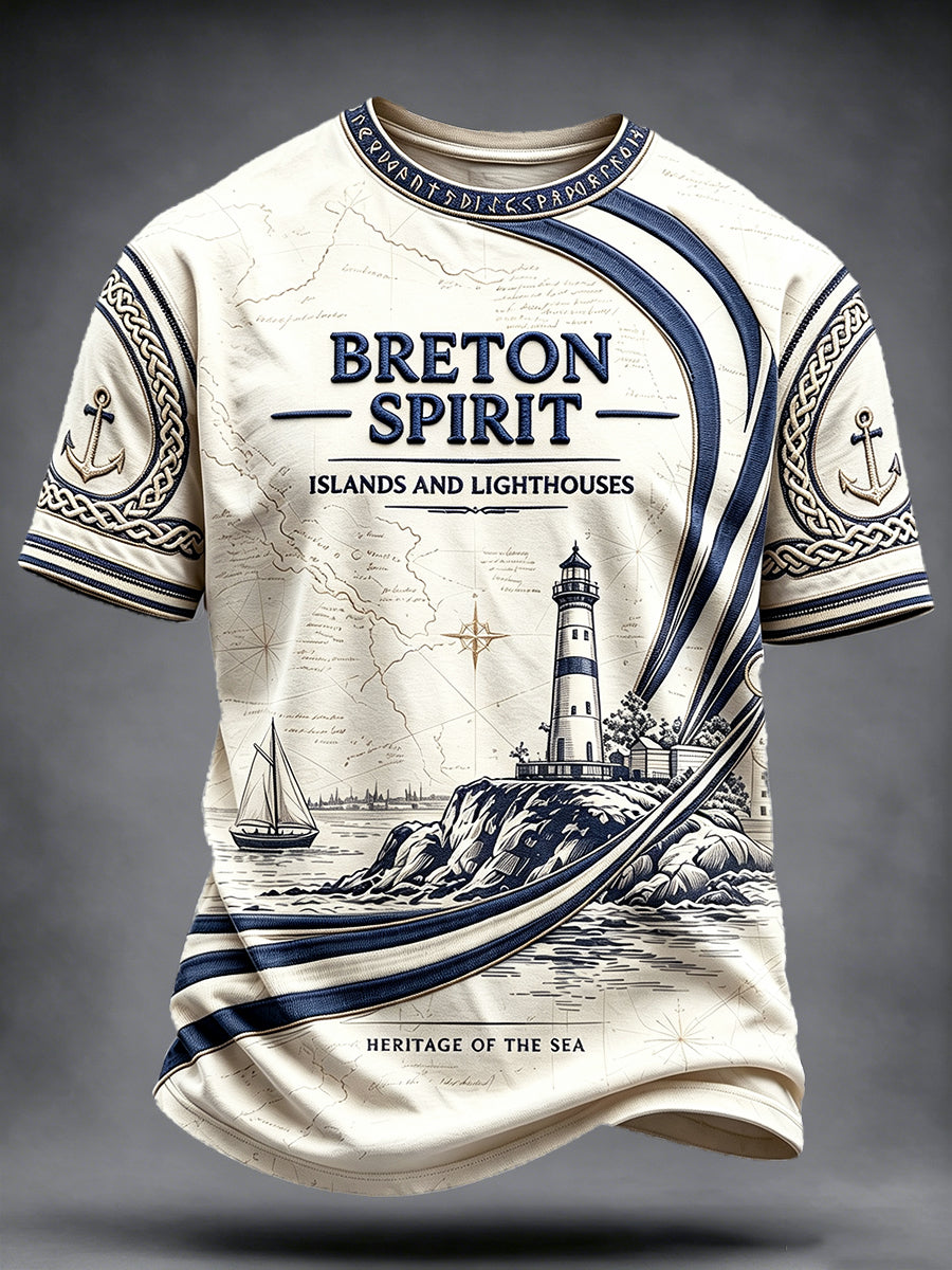T-shirt décontracté pour homme à imprimé culturel représentant le drapeau français blanc et le phare de Bretagne