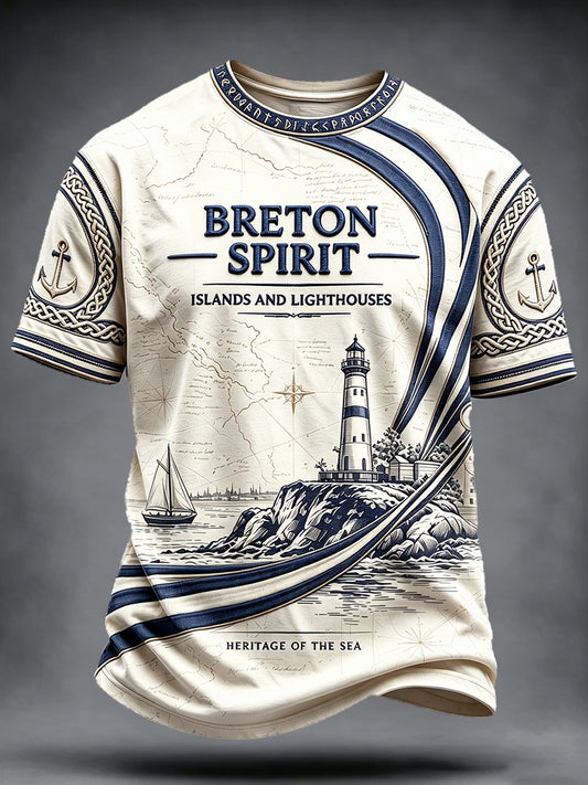 T-shirt décontracté pour homme à imprimé culturel représentant le drapeau français blanc et le phare de Bretagne