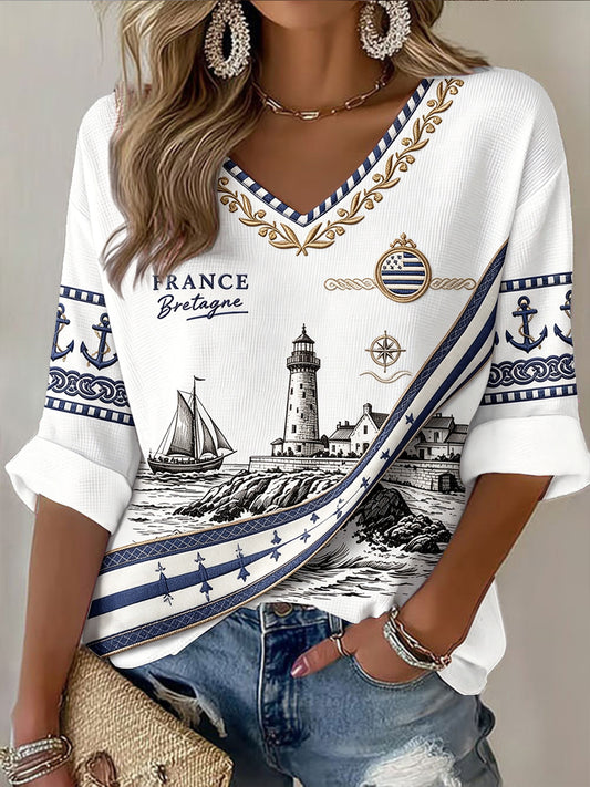 T-shirt décontracté à col en V pour femme, imprimé culturel représentant le phare de Bretagne, France