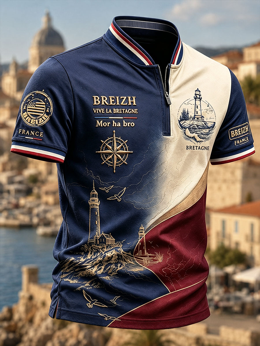 T-shirt décontracté à manches courtes pour homme, avec fermeture éclair et imprimé port breton français