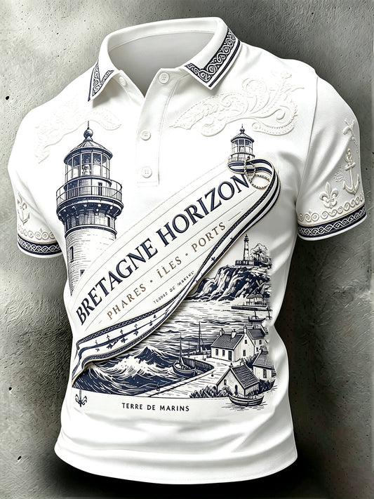 Polo homme blanc style breton décontracté avec imprimé culturel