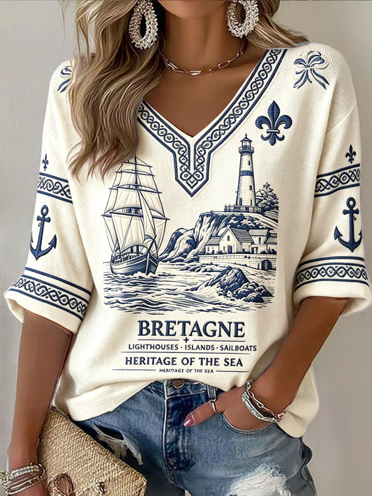 Vintage Beige Français Brittany Harbour-thème décontracté V-cou T-shirt des femmes
