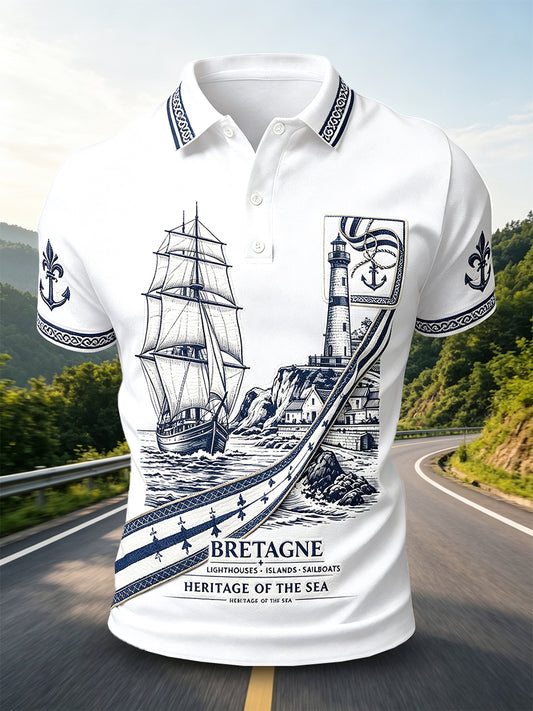Polo Décontracté Homme Blanc Breton Harbour Print