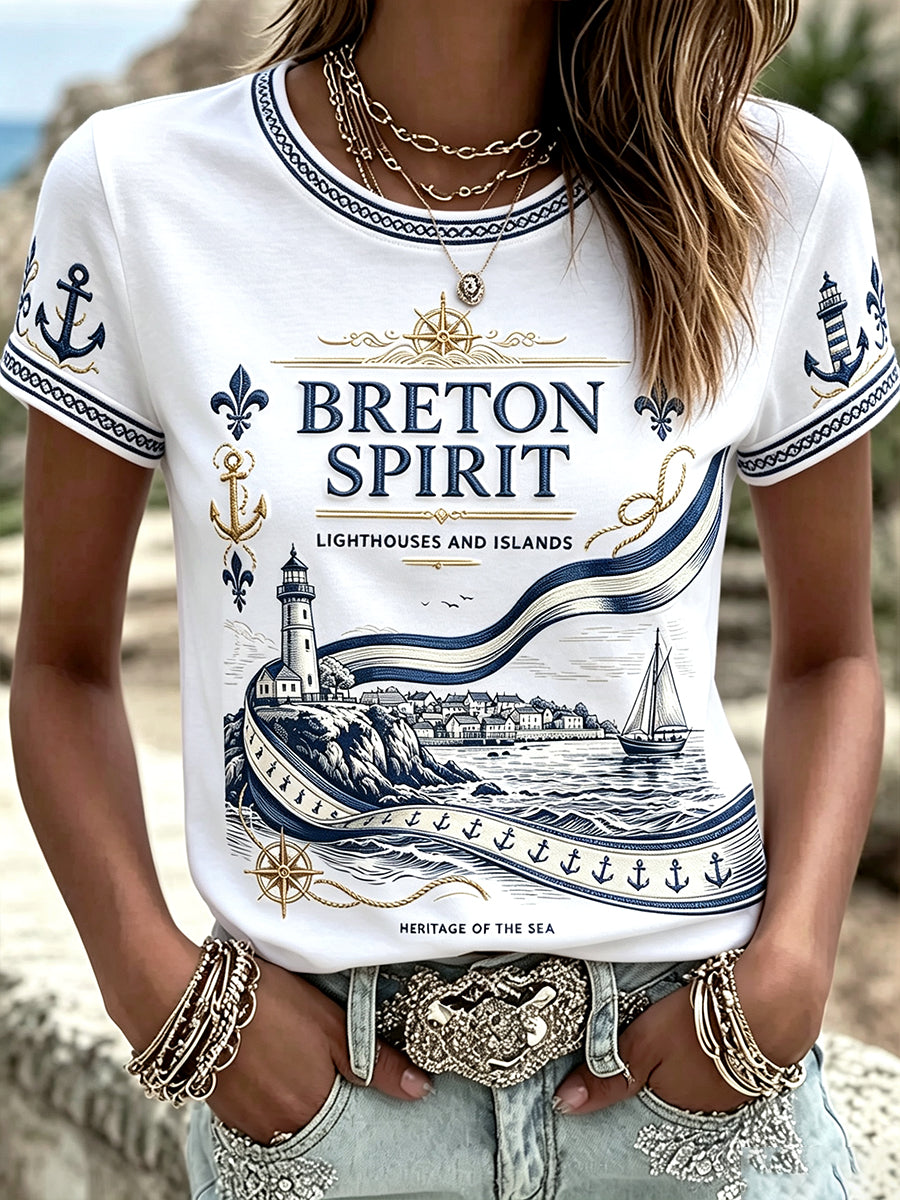 T-shirt décontracté blanc à imprimé voilier Breton Lighthouse pour femme