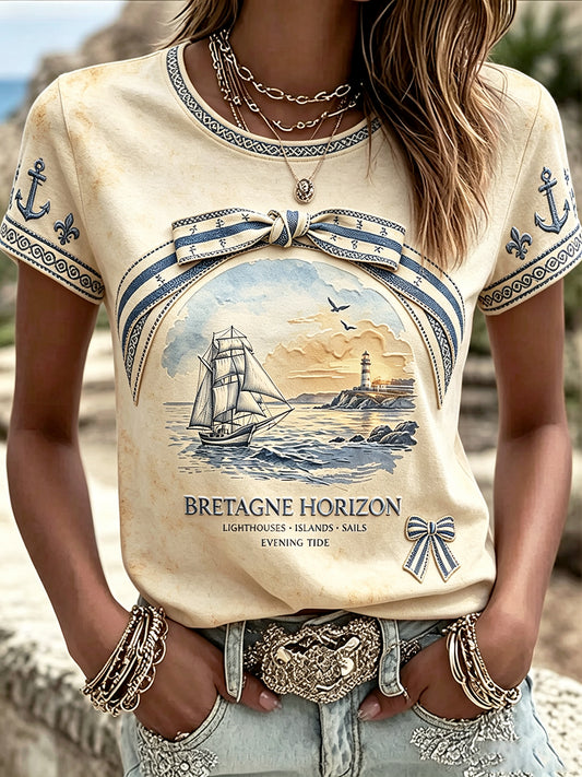 T-shirt décontracté rétro beige français bretonne phare voilier pour femme