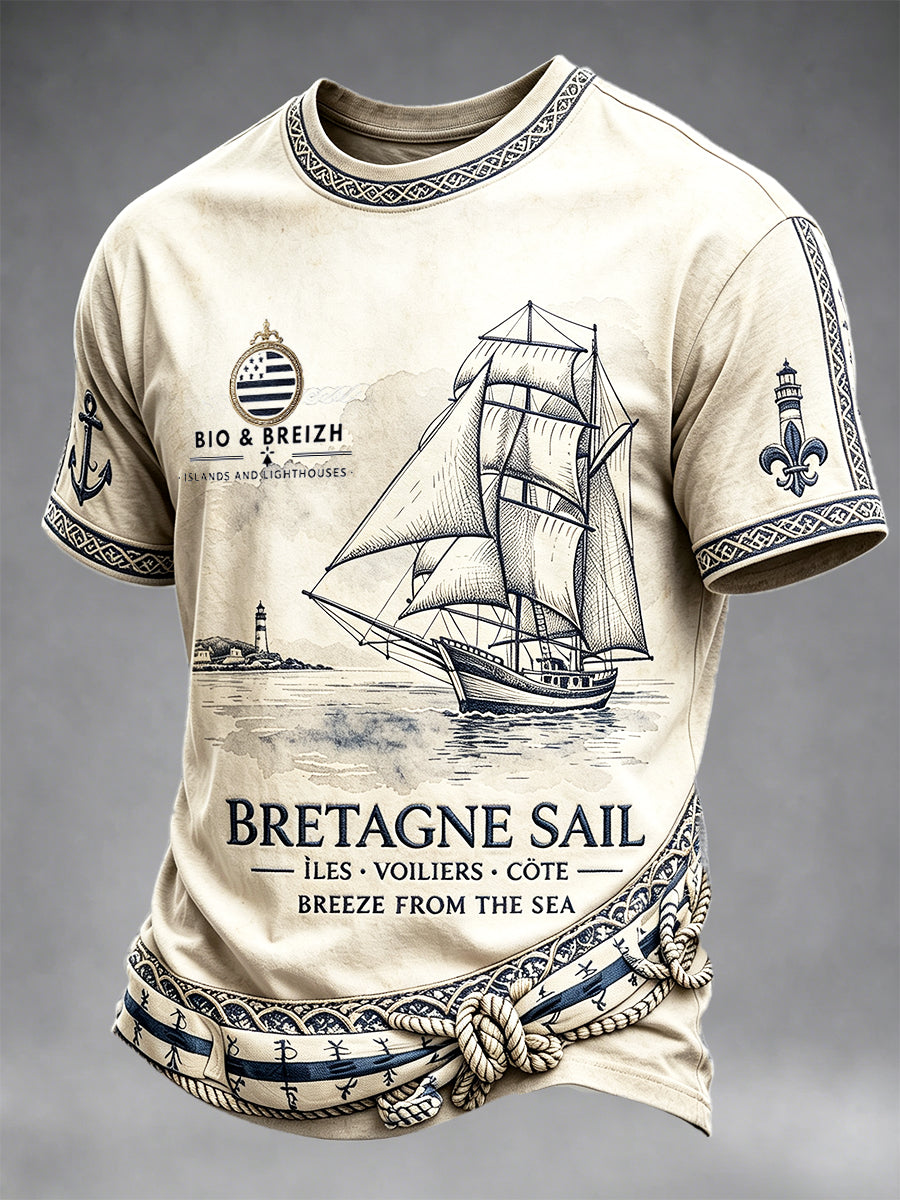 T-shirt décontracté à imprimé voilier Bretagne française vintage pour hommes